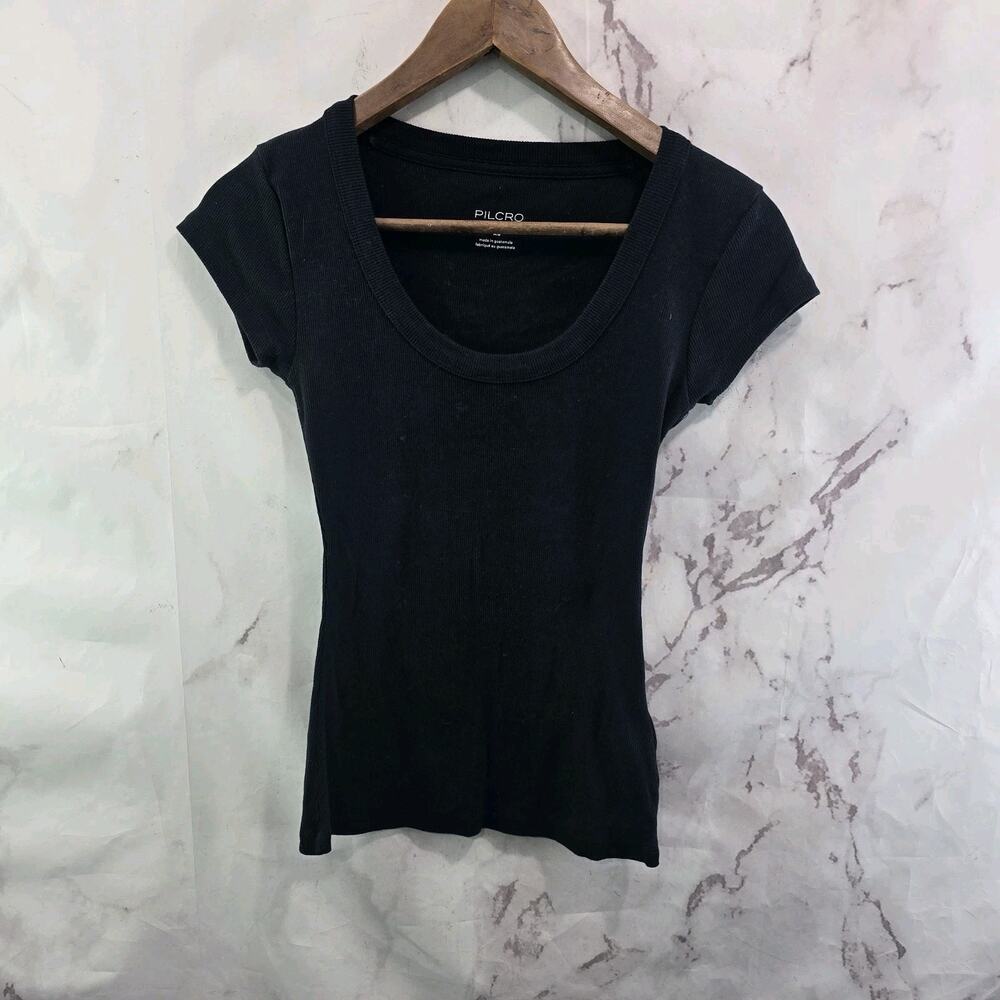 Anthropologie Shirt Womens XS Black Ribbed Short Sleeve Crop Pilcro Scoop